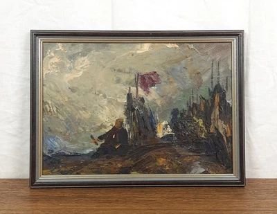 Pintura al óleo vintage de la Segunda Guerra Mundial, soldados antes del ataque, artista ucraniano Logvin Foto 1 de 4