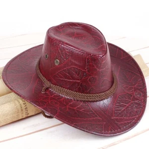 Faux Leather Mens Cowboy Hat, Maroon/Red with Strap, Rope - Western Wide Brim - Picture 1 of 2