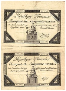 French 2 consecutive ASSIGNAT 50 Livres Domaines Nationaux 1792 rare Bank-note - Picture 1 of 2