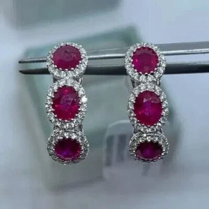 3Ct Oval Cut Created Red Ruby Huggie Women's Hoop Earrings 14K White Gold Plated - Picture 1 of 4