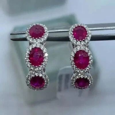 3Ct Oval Cut Created Red Ruby Huggie Women's Hoop Earrings 14K White Gold Plated - Image 1 of 4