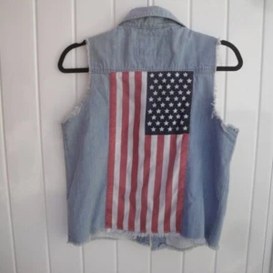 Maddie Vest Girls Size XL American Flag Fringe Faded Denim Nautical Patriotic - Picture 1 of 3