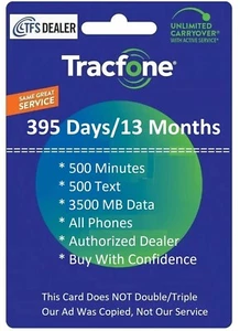 TracFone 1 rok / 395 dni + 500 minut / 500 tekstu / 3500 MB danych, wszystkie smartfony - Zdjęcie 1 z 1
