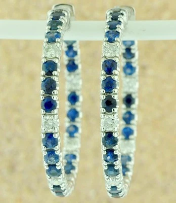 Pendiente aro zafiro diamante natural oro blanco 14k de 6,10 quilates interior exterior a presión Foto 1 de 4