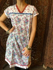 Boho Gypsy Pink White Floral Print Blouse Cotton Summer Comfy Beach Tunic SM 