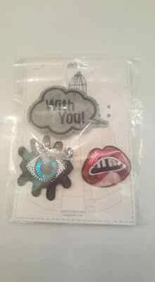 TEENAGER BIRDCAGE BRAND EYES-LIPS SEQUIN EMBROIDERED JACKET PATCH PINS SET 3 - Image 1 of 3