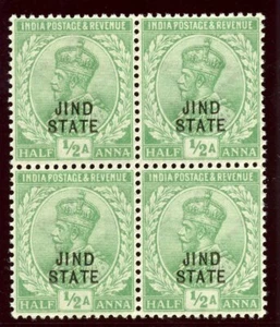 India - Jind 1914 KGV ½a light green block superb MNH. SG 65. Sc 89. - Picture 1 of 2