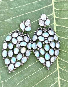 Pave Diamond Rainbow Moonstone Gemstone Earring 925 Sterling Silver Drop Earring - Picture 1 of 7