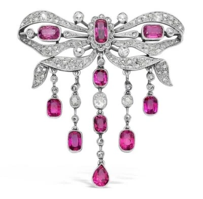 935 Silver 24.75TCW Pink Ruby & White Sapphire Pretty Bow Wedding Brooch Pin - Image 1 of 4