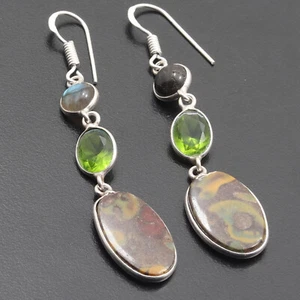 Furite Jasper Gemstone Woman  Silver Plated Earrings 2.5" Jewelry G7713 - Picture 1 of 3