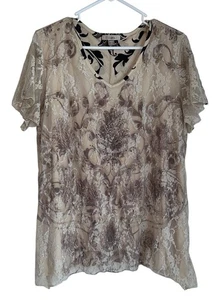 Y2K Roz & Ali Womens Lace Overlay Top Plus 1X Beige Black Fairy Boho USA Made - Picture 1 of 6