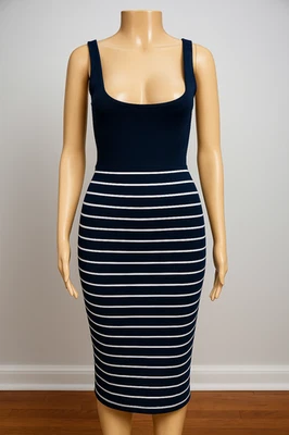 Cotton On Navy & White Stripe Bodycon Midi Dress Size M Scoop Neck Breton - image 1 of 4