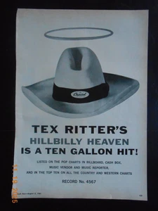 1961 Tex Ritter Hillbilly Himmel Cowboyhut Poster AD Country & Western Musik - Bild 1 von 2