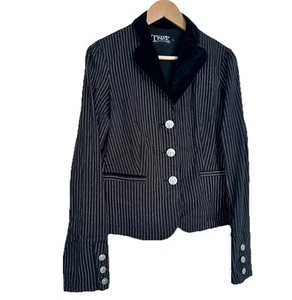 Tripp NYC Pinstripe Fitted Short Jacket Skull Buttons Velvet Collar Sz L Fits M - Picture 1 of 19