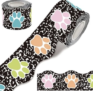 100 Feet Paw Bulletin Board Borders-Black and White w/ Colored Paws, Scalloped - Picture 1 of 9