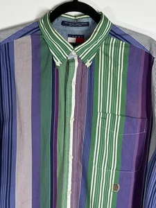 VTG Tommy Hilfiger Mens Button Up Colorblock Long Sleeve Cotton Shirt Sz L - Picture 1 of 11