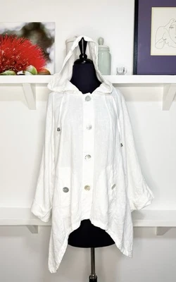 Sigrid Olson White Linen Button Up Light Beach Pool Cover Up Hooded Jacket L - Image 1 of 4