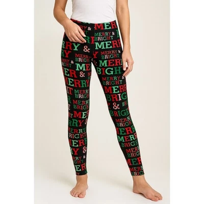 Merry Christmas Fleece Leggings Sz XL 15-17 Black Holiday Lounge PJ Pants Cozy - Image 1 of 4