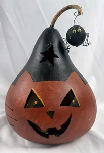 Geschnitzter Kürbis Halloween Katze Jack O Laterne Hut Spinne signiert abnehmbare Oberseite - Bild 1 von 9