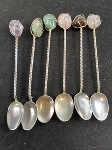 Sterling Silber und natürlicher Achat Demitasse Löffel Set 6 Twist Stiel Edelsteine - Bild 1 von 11