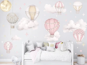 Pink Hot Air Balloon Wall Stickers, Beige Nursery Room Decor, Baby Girl Wall Art - Picture 1 of 15