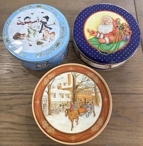 3 Vtg Tin Lot Cookie Candy Gift Snowman Deer Victorian Town Santa Watch Reindeer - Picture 1 of 24