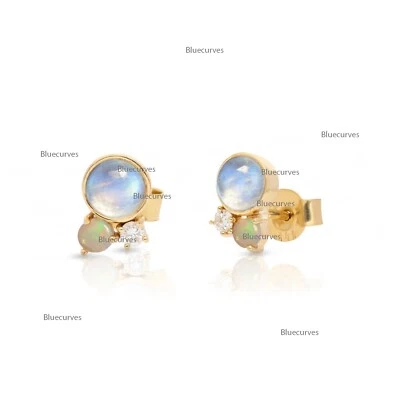 Natural Rainbow Moonstone, Opal & Diamond Mini Cluster Studs Earrings 14k Gold - Image 1 of 4