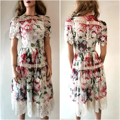 🆓US🛃 Vestido Dolce&Gabbana Peonía Estampado Floral Encaje Recortado Seda Gasa IT 38 Foto 1 de 4