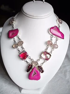 AB Pink Drusy Rose Quartz Mystic Topaz Biwa Pearl .925 Silver Necklace 21" - Picture 1 of 6