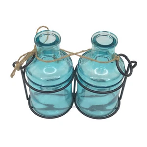 2 Glass Blue Bottles & Black Metal Caddy With Handles 5.25” Tall Decor - Picture 1 of 11