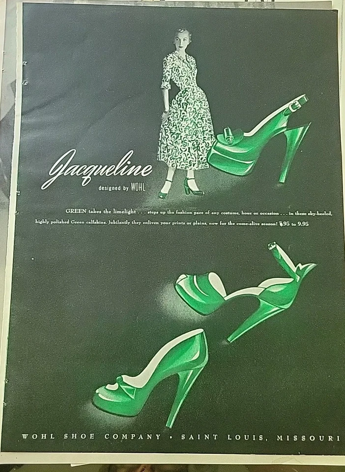 Zapatos Jacqueline Verde 1949 para Mujer Diseñados por Wohl Anuncio de Moda Vintage Foto 1 de 1