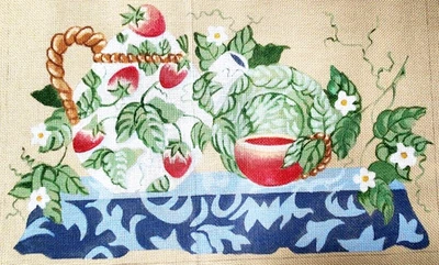 Deluxe Designs Hand Painted Needlepoint Canvas STRAWBERRY TEAPOT w/ Cup 14 x 20 - Image 1 of 4