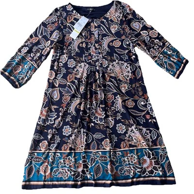 R & K Navy Teal Textured Shift Dress Women’s Size 14 Floral Pleating 3/4 Sleeve - Image 1 of 4