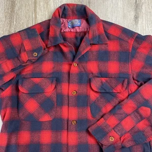 Vtg. 1950's Pendleton Wool Board Shirt Loop Collar Red Shadow Plaid Medium USA - Picture 1 of 19