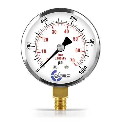 CARBO INSTRUMENTS 2-1/2" Pressure Gauge - Chrome Steel Plated Case, 1/4"NPT, Lower Mnt. 1000 PSI