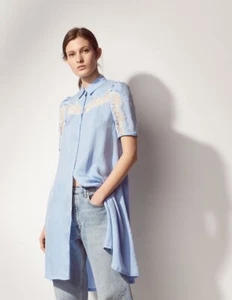 SANDRO PARIS Slade Lace-Inset Button-Down Shirt Dress Sky Blue Silk Size FR 40 M - Picture 1 of 24