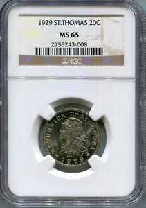 St. Thomas & Prince - 1929 20c KM#3 in NGC MS 65 - Picture 1 of 2