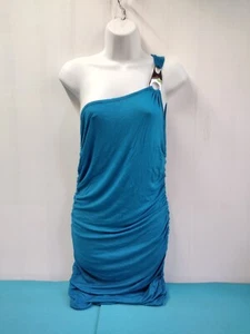 Love Julian Women Sapphire Blue Ruched Side One Shoulder Mini Dress Rayon Size L - Picture 1 of 7