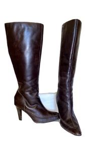 Bruno Valenti TEXAS Womens Boot Size 7.5 Brown Whipstitch Leather Knee High Heel - Picture 1 of 8