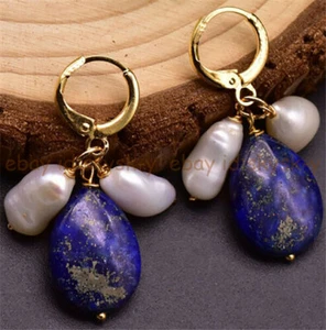 8-10mm White Rice Pearl 13x18mm Blue Lapis Lazuli Teardrop Dangle Earrings - Picture 1 of 3