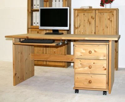 Massivholz Schreibtisch 160cm mit Rollcontainer Kiefer gelaugt geölt Büro tisch - Bild 1 von 4