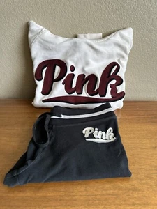 Victoria's Secret Pink Set Cream Maroon Sweatshirt & Black Yoga Pants Women Sz M - Picture 1 of 23