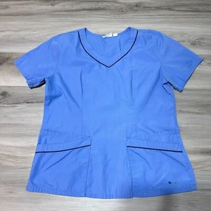 Landau Scrub Top Womens Large Blue Short Sleeve V Neck Work Wear Employee EUC - Picture 1 of 5