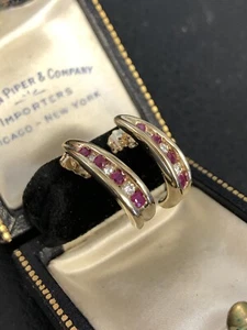 14k Yellow Gold Ruby And Diamond J Hoop Earrings - Picture 1 of 5