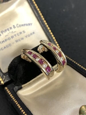 14k Yellow Gold Ruby And Diamond J Hoop Earrings  - Image 1 of 4