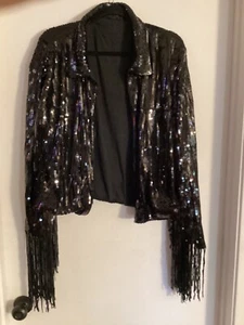 Women "Unbranded" blk sequin/fringe open  jacket. P2P 21” - Picture 1 of 2