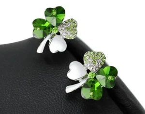 FOUR LEAF CLOVER SILVER  GREEN SHAMROCK STUD EARRINGS  Irish comes boxed 872 - Picture 1 of 3