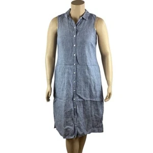 Tommy Bahama Blue Linen Sleeveless Shirt Dress Button Front Collared Size L - Picture 1 of 7