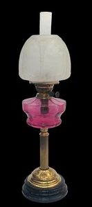 Antique Oil Lamp Cranberry Font Falks Duplex Burner Etched Beehive Shade - Picture 1 of 24