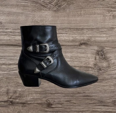 Frye Leather Boho Ankle Boots Womens 8 M / 38.5 Black Western Buckle Cowgirl - Image 1 of 4